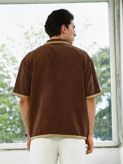 Brown Cuban Collar Shirt With Beige Accents
