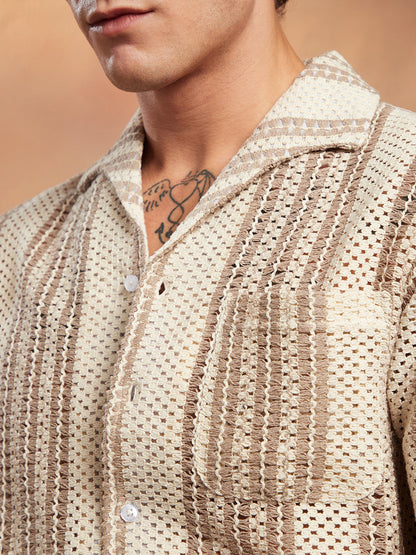 Striped Open-Knit Oversized Shirt