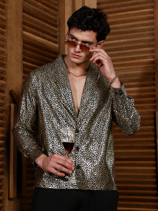 Onyx Black & California Gold Metallic-Speckles Shawl Collar Shirt