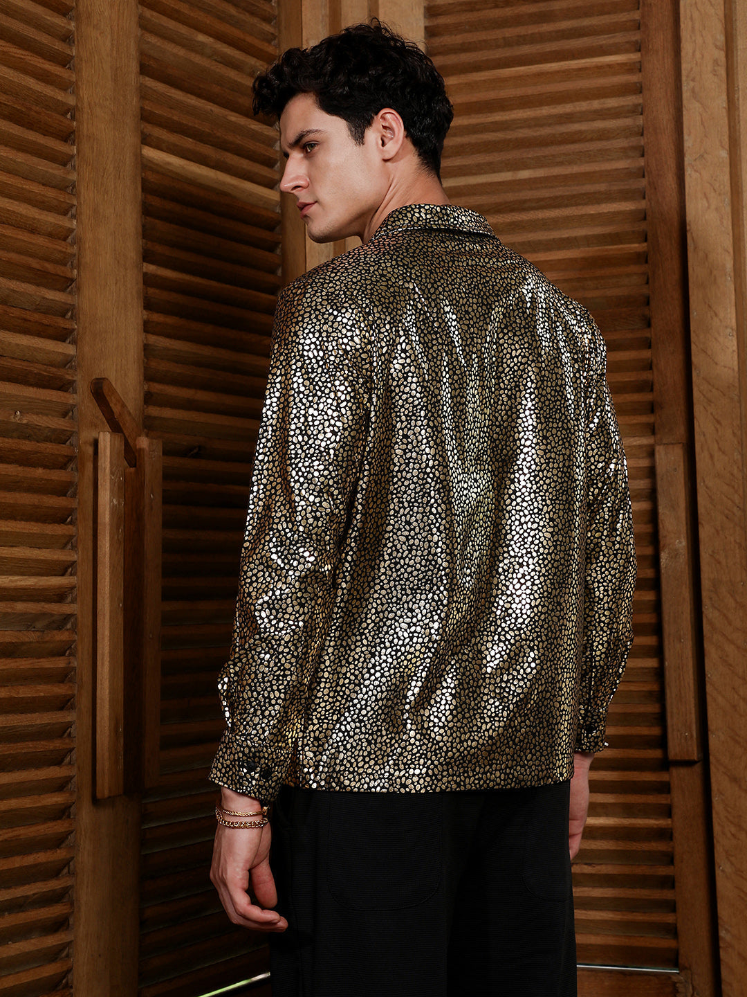 Onyx Black & California Gold Metallic-Speckles Shawl Collar Shirt