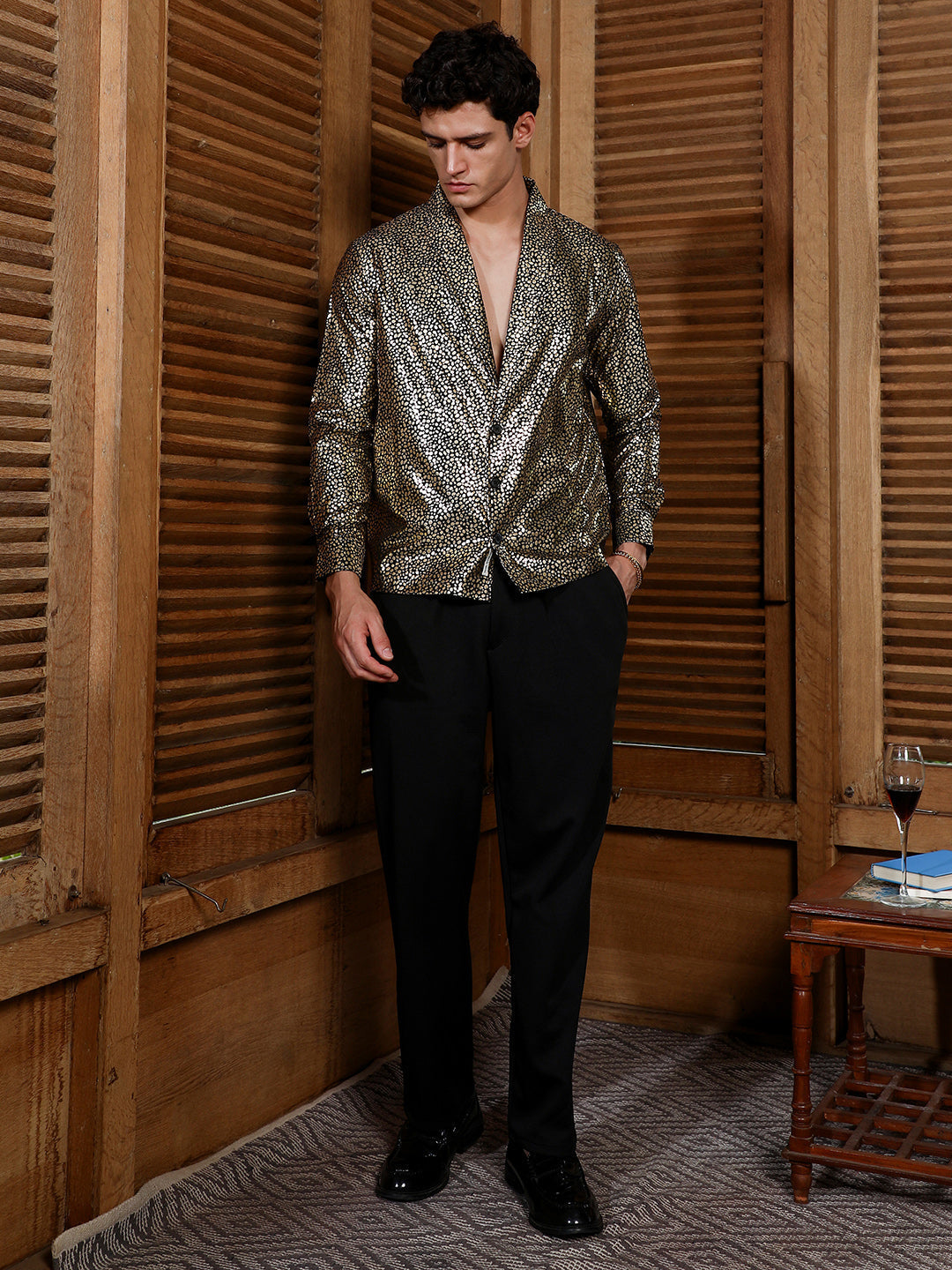 Onyx Black & California Gold Metallic-Speckles Shawl Collar Shirt
