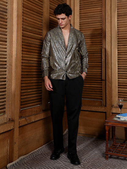 Onyx Black & California Gold Metallic-Speckles Shawl Collar Shirt