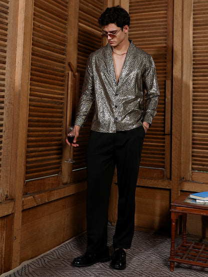Onyx Black & California Gold Metallic-Speckles Shawl Collar Shirt