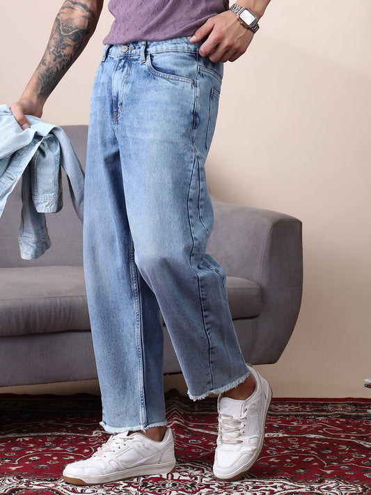 Unhemmed Light-Wash Denim Jeans