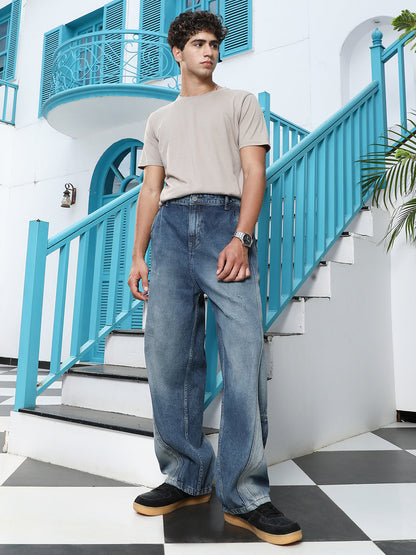 Light-Distressed Panelled Denim Jeans
