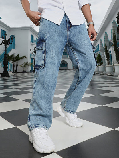 Light-Distressed Utility Denim Jeans