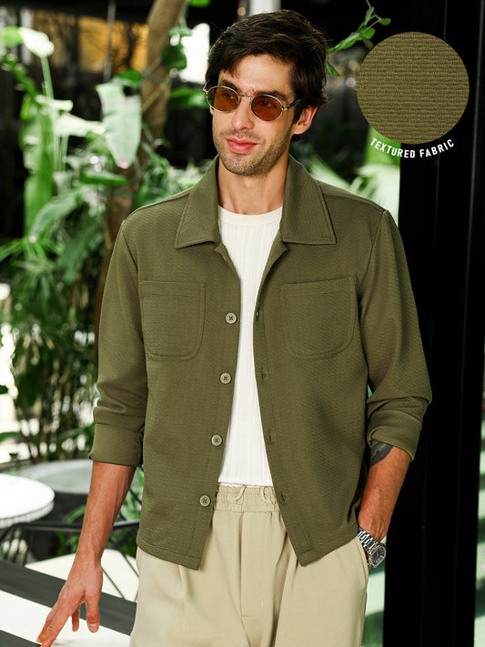 Olive Green Textured Knit Casual Shirt