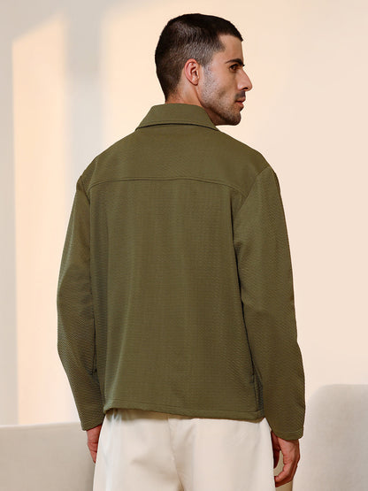Olive Green Textured Knit Casual Shirt
