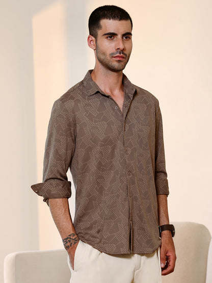 Brown Geometric Print Cuban Collar Shirt