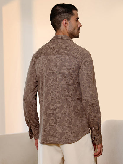 Brown Geometric Print Cuban Collar Shirt