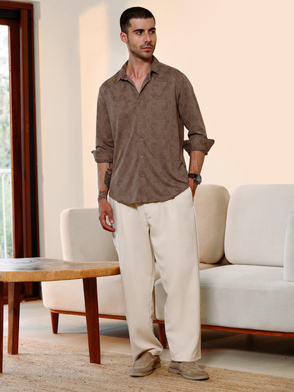 Brown Geometric Print Cuban Collar Shirt
