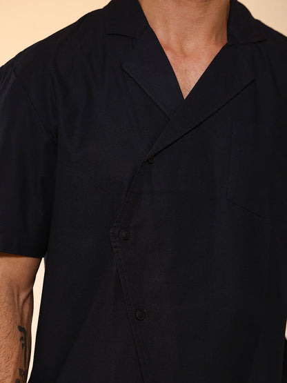 Asymmetrical Placket Cuban Collar Shirt