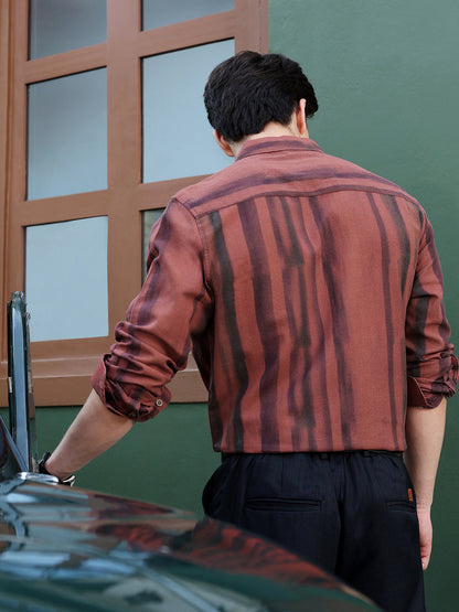 Men's Rust & Black Vertical Stripe Regular Fit Casual Shirt