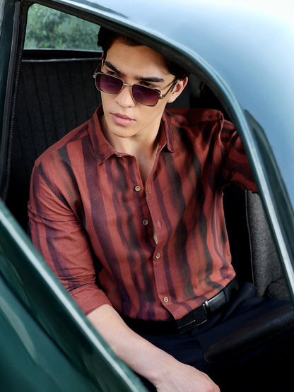 Men's Rust & Black Vertical Stripe Regular Fit Casual Shirt