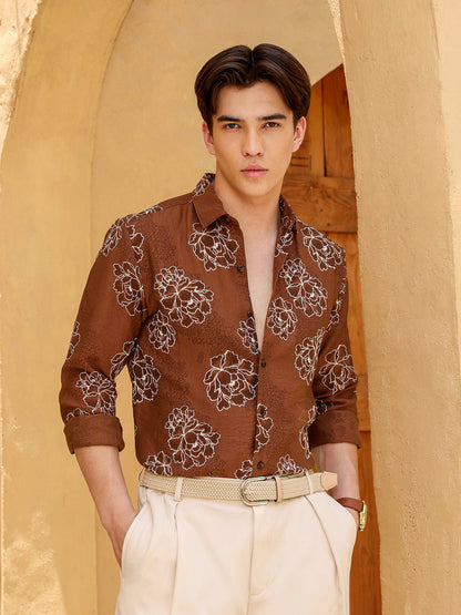 Men's Brown Floral Print Regular Fit Casual Shirt