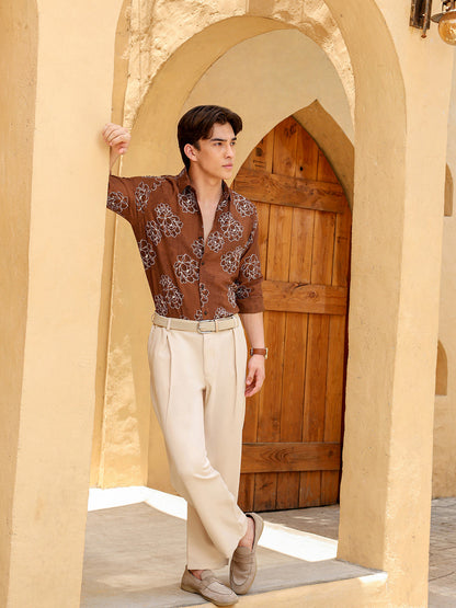 Men's Brown Floral Print Regular Fit Casual Shirt