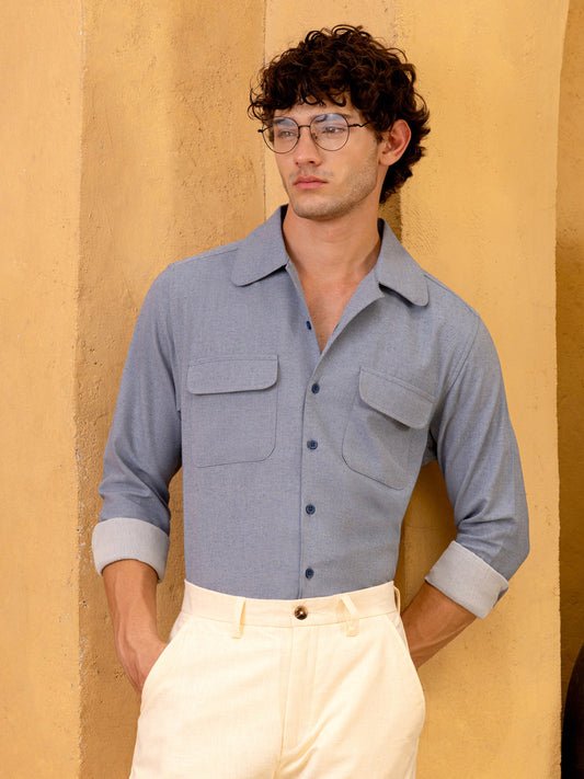 Cotton Twill Cuban Collar Regular Fit Shirt