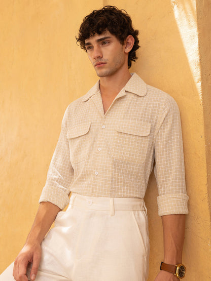 Double Cloth Jacquard Cuban Collar Regular Fit Shirt