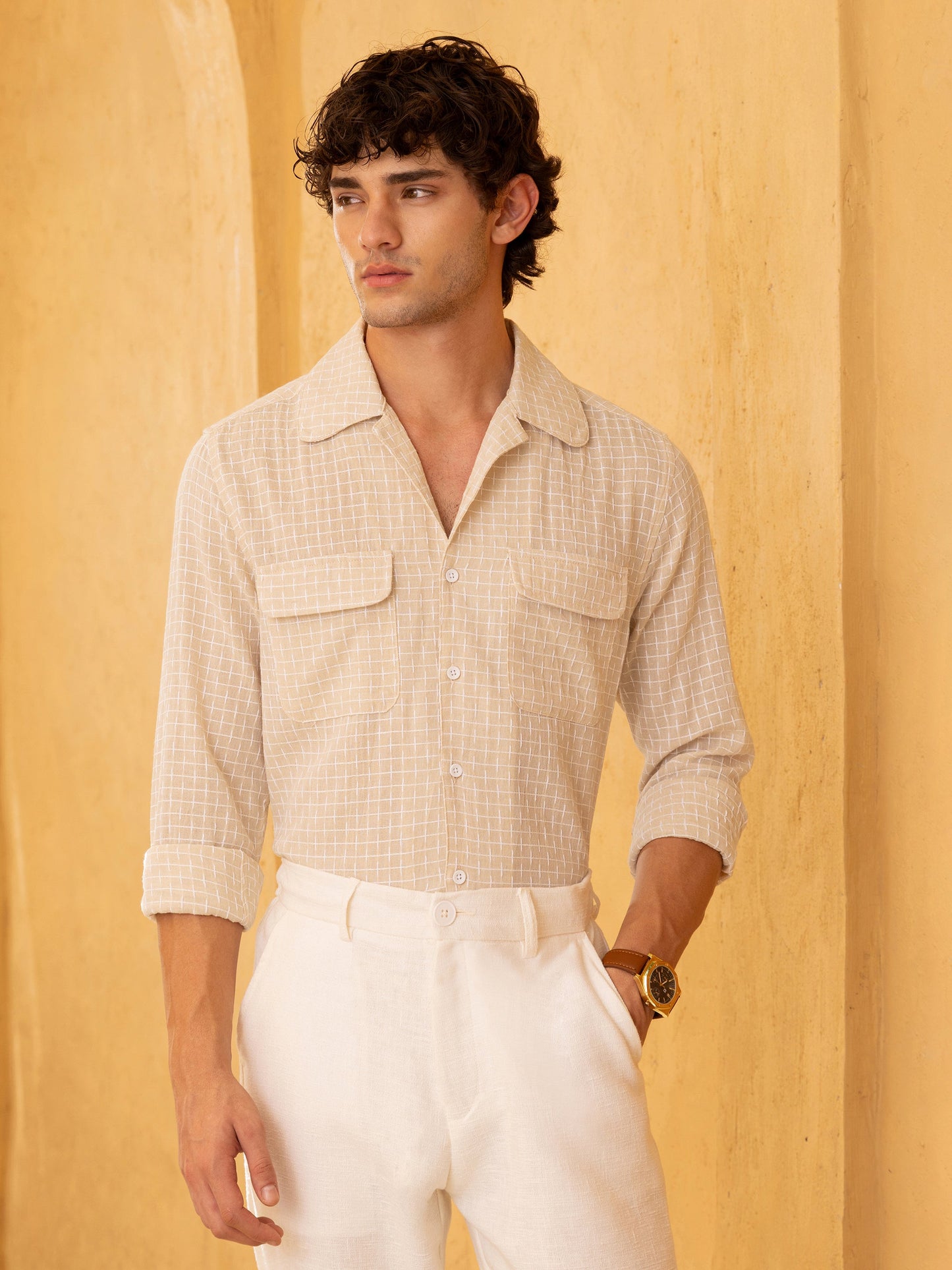 Double Cloth Jacquard Cuban Collar Regular Fit Shirt