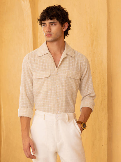 Double Cloth Jacquard Cuban Collar Regular Fit Shirt
