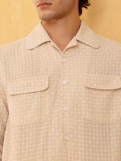 Double Cloth Jacquard Cuban Collar Regular Fit Shirt