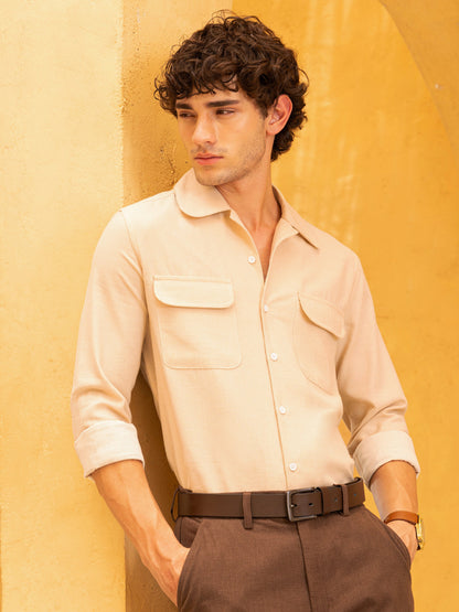 Flap Pocket Cuban Collar Regular Fit Shirt
