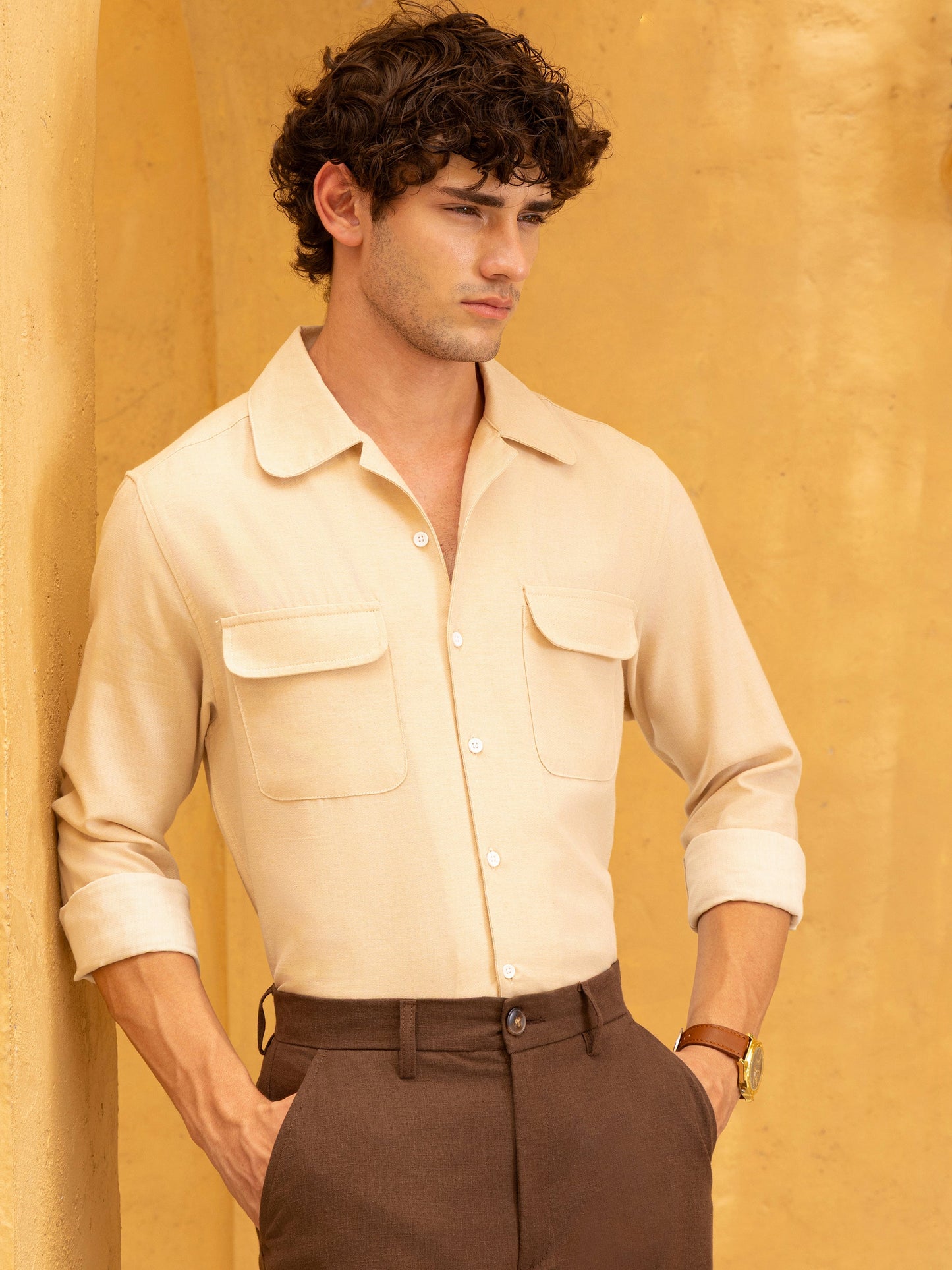 Flap Pocket Cuban Collar Regular Fit Shirt