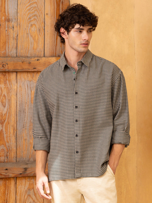 Woven Houndstooth Oversized Fit Shirt