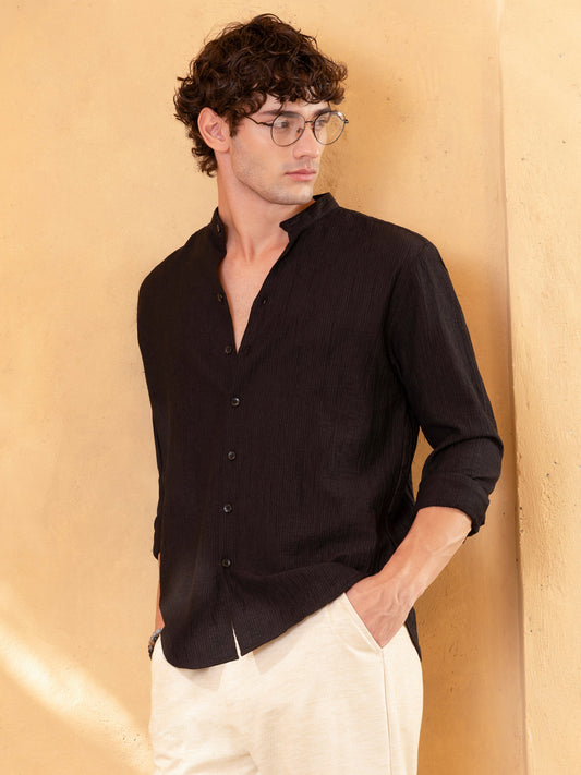 Crinkle Textured Mandarin Collar Regular Fit Shirt