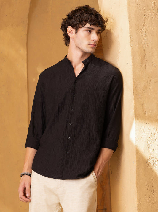 Crinkle Textured Mandarin Collar Regular Fit Shirt