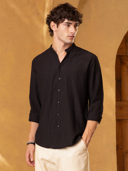 Crinkle Textured Mandarin Collar Regular Fit Shirt
