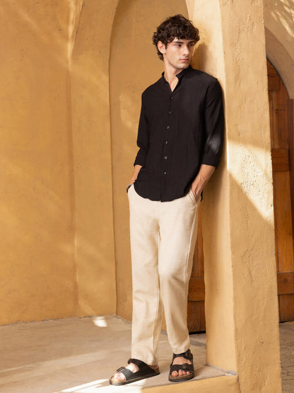 Crinkle Textured Mandarin Collar Regular Fit Shirt
