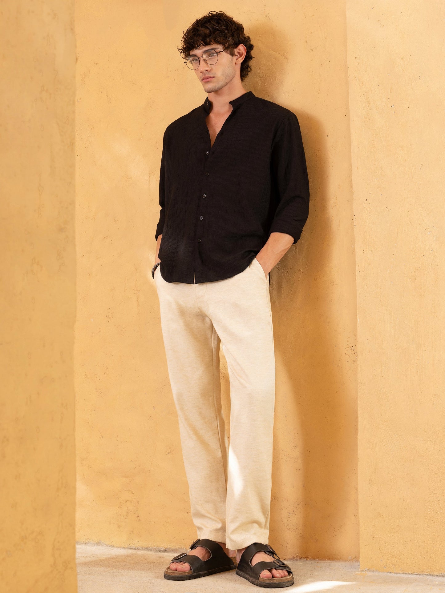 Crinkle Textured Mandarin Collar Regular Fit Shirt