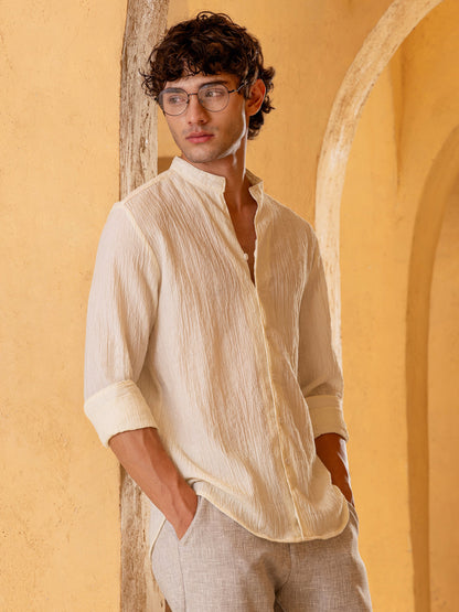 Crinkle Textured Mandarin Collar Regular Fit Shirt