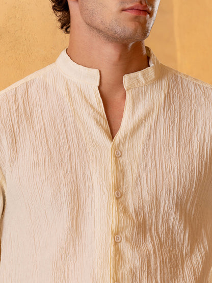 Crinkle Textured Mandarin Collar Regular Fit Shirt