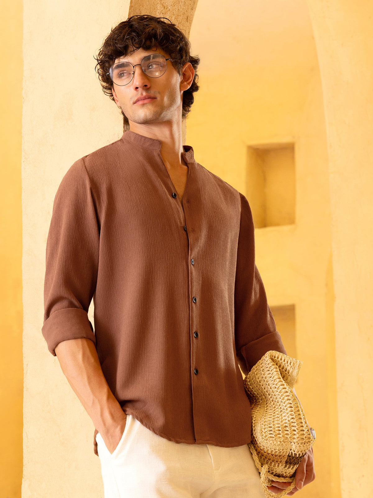 Crinkle Textured Mandarin Collar Regular Fit Shirt