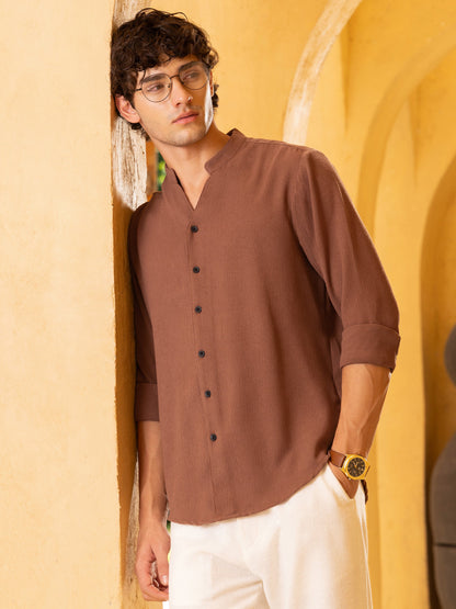 Crinkle Textured Mandarin Collar Regular Fit Shirt