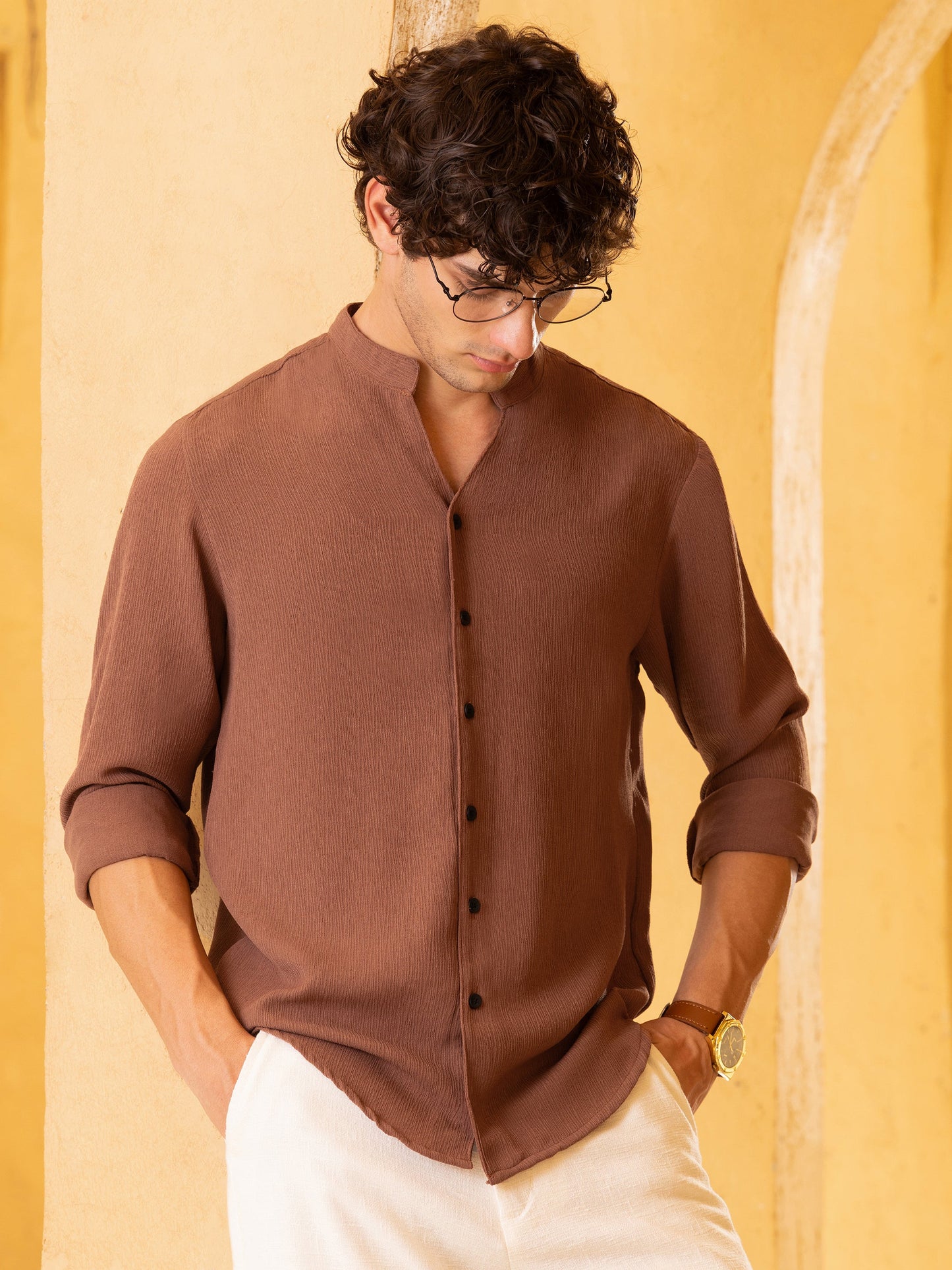 Crinkle Textured Mandarin Collar Regular Fit Shirt