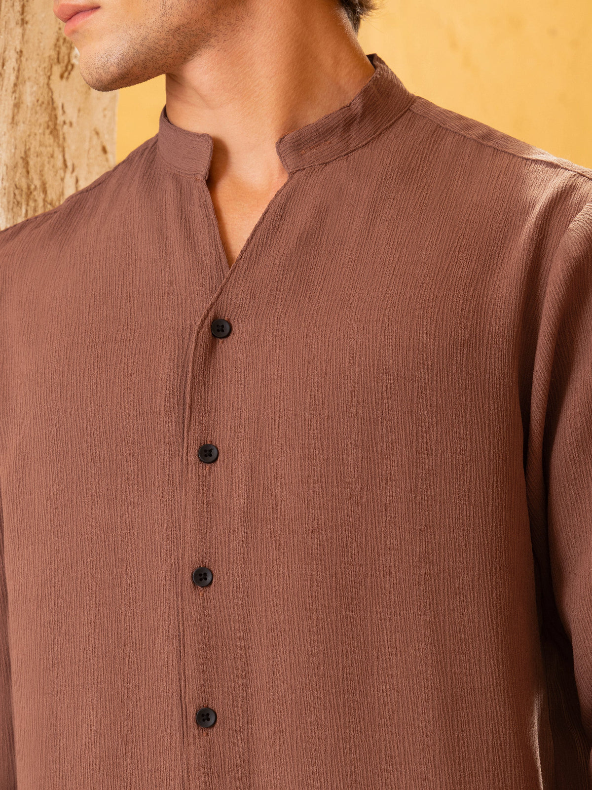Crinkle Textured Mandarin Collar Regular Fit Shirt