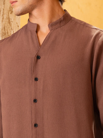 Crinkle Textured Mandarin Collar Regular Fit Shirt