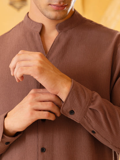 Crinkle Textured Mandarin Collar Regular Fit Shirt