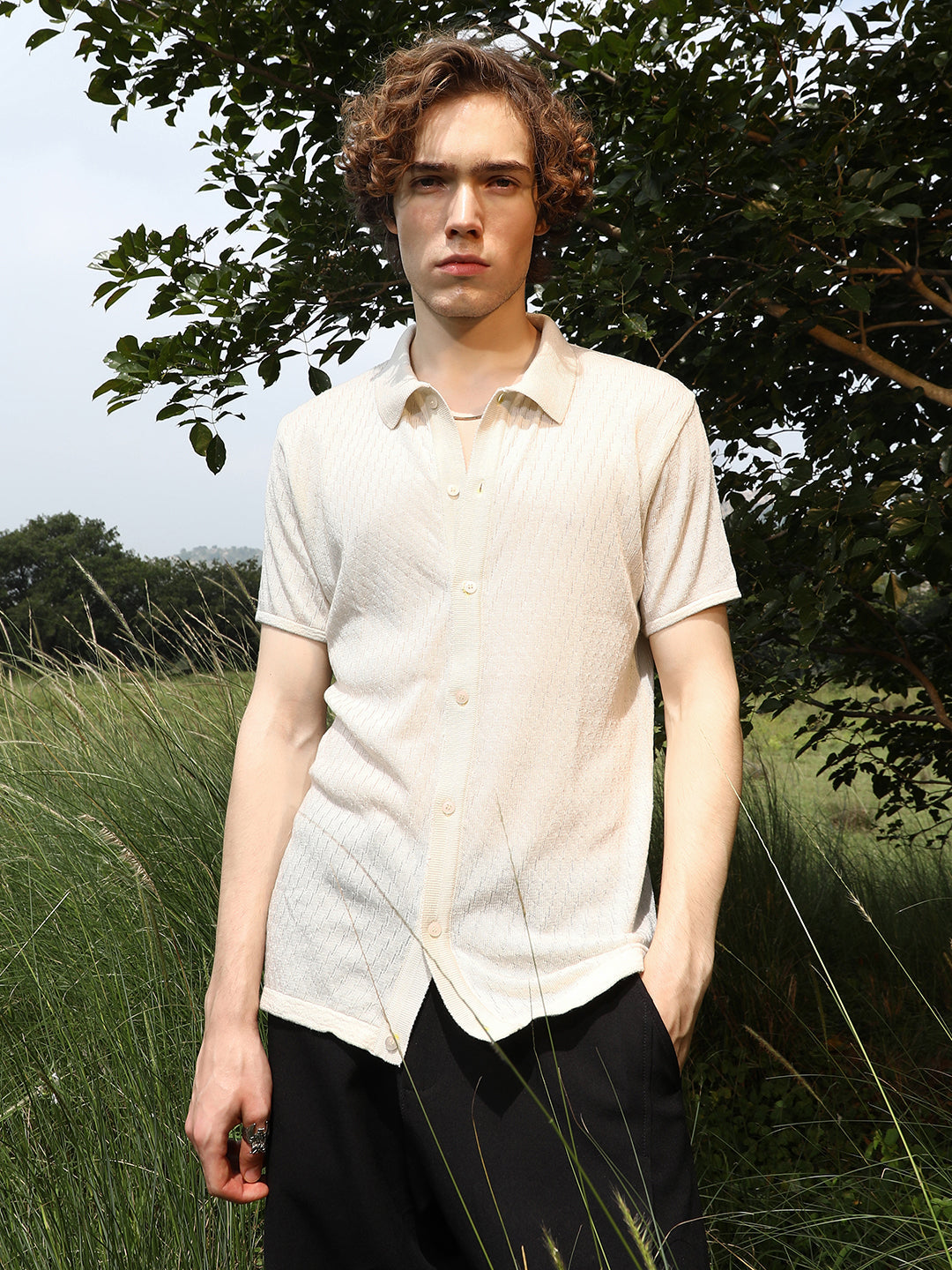Rhombus-Textured Knit Shirt