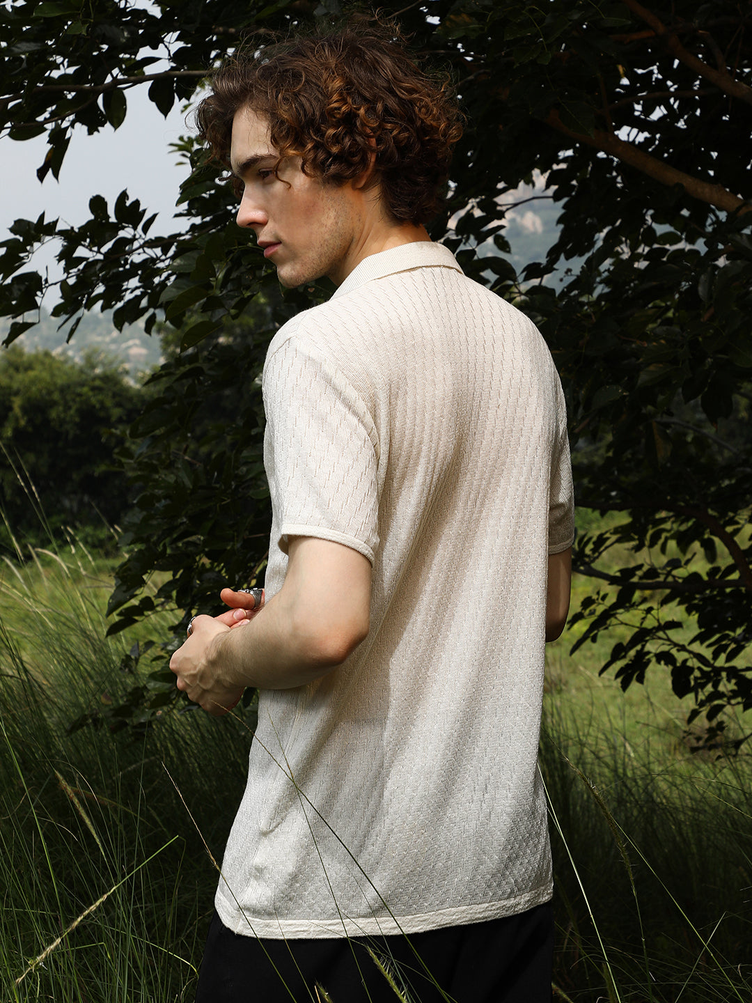 Rhombus-Textured Knit Shirt