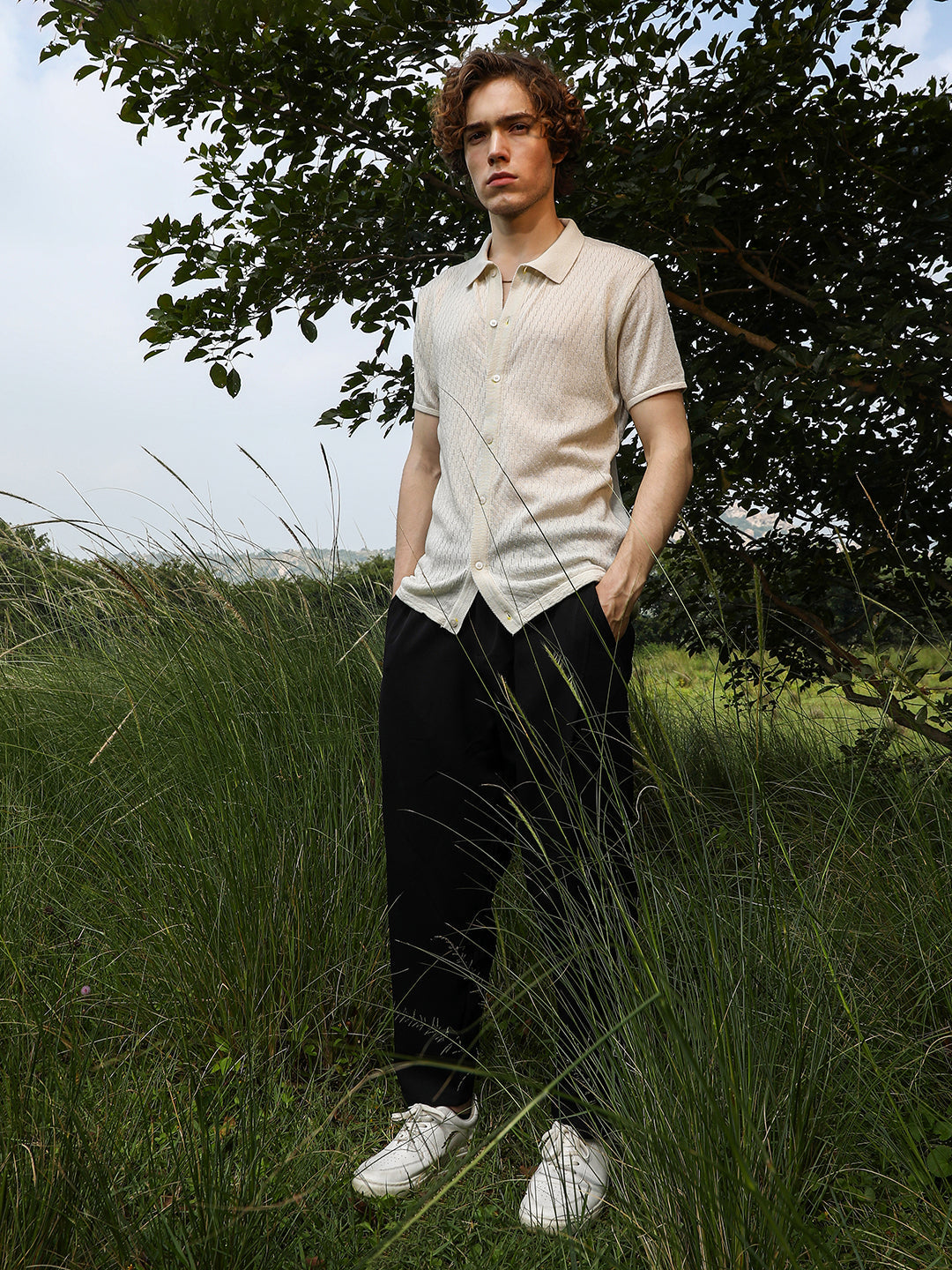 Rhombus-Textured Knit Shirt