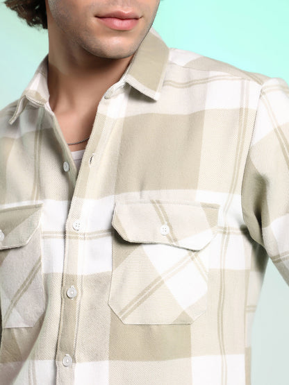 Beige Plaid Cotton Shirt With Full Sleeves
