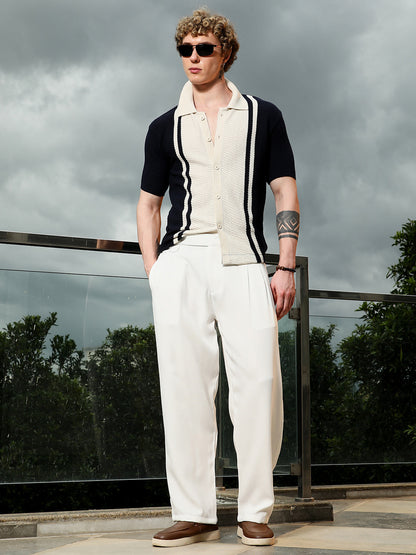 Navy And Cream Textured Knit Polo Shirt