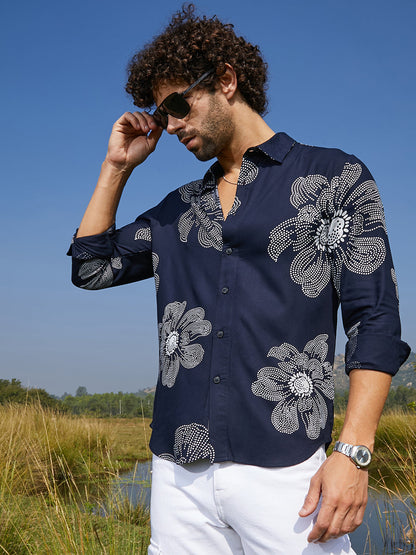 Men's Navy Blue Maxi-Flora Shirt with bold botanical print and regular fit.