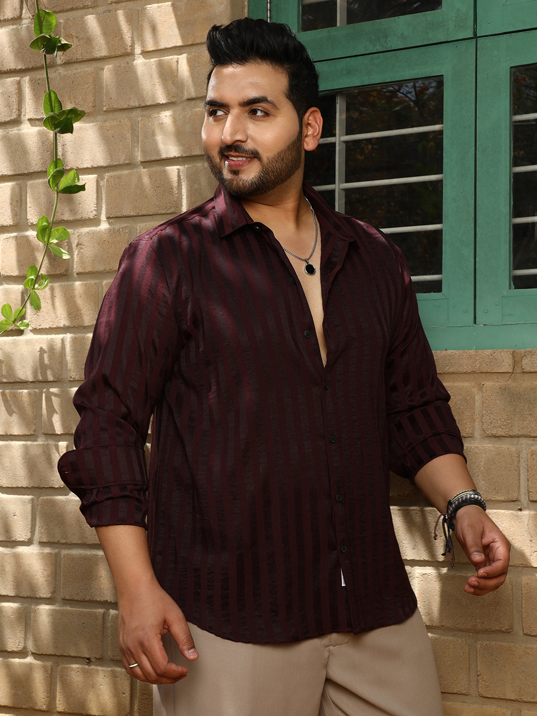Men's Wine Red Candy-Striped Shirt