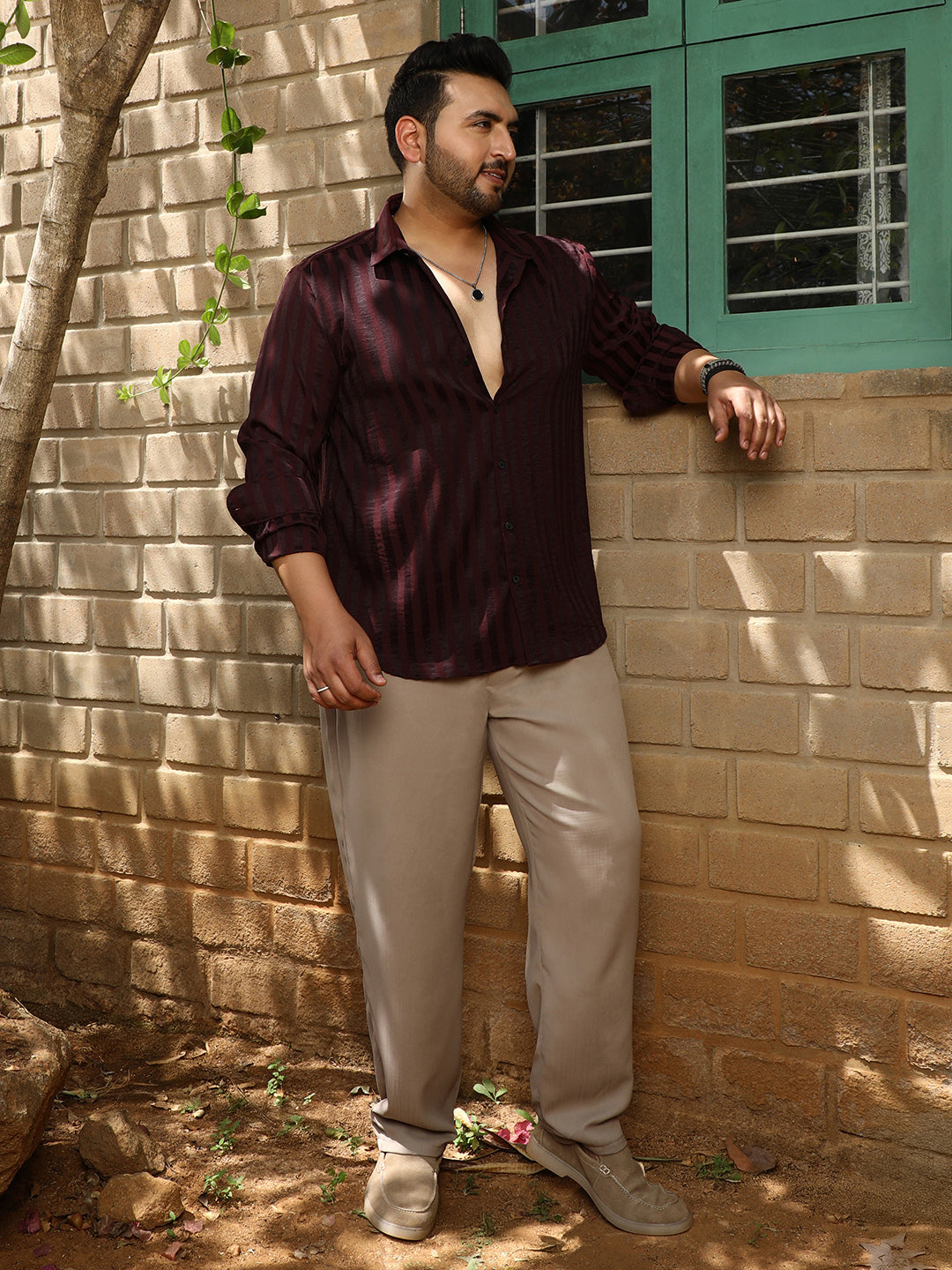 Men's Wine Red Candy-Striped Shirt