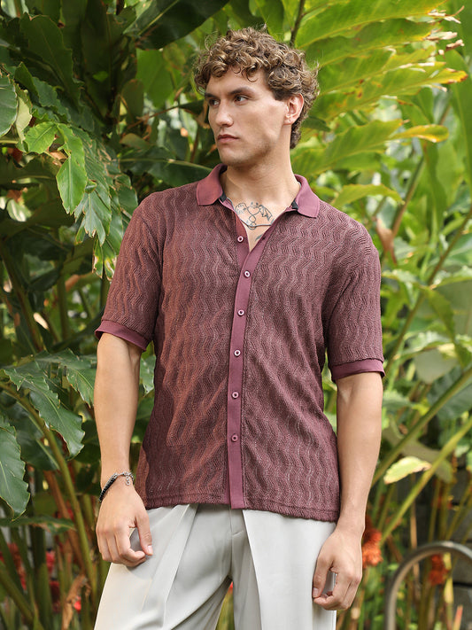 Burgundy Textured Cuban Collar Shirt
